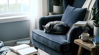 Cozy living room interior with gray cat sleeping on blue velvet armchair near window, wooden side table with coffee cup and books creating peaceful home atmosphere.