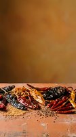 Dried chili peppers, coriander seeds, and spices arranged on rustic terracotta surface against warm brown backdrop. Culinary ingredients for cooking and seasoning.