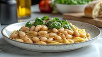 Fresh white beans served over pasta with spinach leaves and olive oil on rustic ceramic plate, close up view of Mediterranean cuisine on marble surface.
