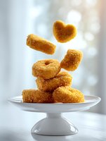 Golden crispy chicken nuggets stacked on white pedestal plate with heart-shaped piece falling, soft bokeh background for food advertising.