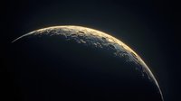 Dramatic crescent planet view from space showing illuminated horizon with golden sunlight, dark cosmic background and detailed surface terrain in shadow.