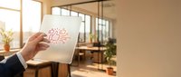 Businessman holding paper with brain icon in modern office space, representing creative thinking, innovation, and business strategy development.