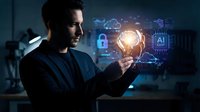 Professional businessman holding glowing lightbulb with AI technology holographic interface displaying cybersecurity icons and data analytics in modern office.
