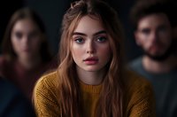 Young Caucasian woman with long blonde hair in yellow sweater looking directly at camera with serious expression while people stand blurred in background.