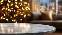 Marble table surface with blurred Christmas tree lights creating magical bokeh effect in cozy home interior, festive holiday atmosphere and warm ambiance.