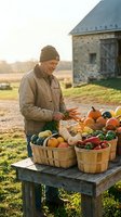 Senior Caucasian farmer arranging fresh organic vegetables and pumpkins in wooden baskets at rustic farm stand during golden hour harvest season.