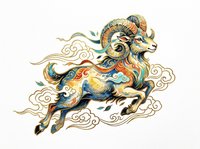Ornate ram with curled horns and decorative swirling patterns in gold, blue, and red tones, isolated on transparent background. Ready for t-shirt design, clipart, stickers, sublimation, and print-on-demand products.
