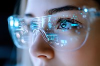 Young woman wearing smart glasses with augmented reality interface displaying digital data and holographic elements for future technology concepts.