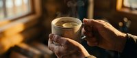 Mature hands holding warm beverage in glass cup, golden hour lighting, cozy indoor setting, lifestyle moment.