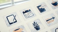 Business productivity icons set with checkmark, calendar, growth arrow and plant symbols for office workflow and planning applications.