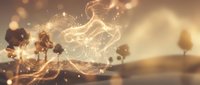Digital network connections flowing through natural landscape with glowing data streams and bokeh lights creating futuristic technology concept.