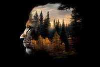 Double exposure profile of lion merged with autumn forest landscape at sunset, pine trees silhouettes against dramatic orange sky on black background.
