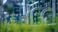 Industrial pipes and valves system viewed through fresh green grass, creating contrast between nature and technology in modern manufacturing facility.
