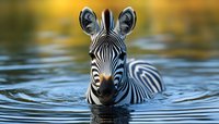 Plains zebra swimming in blue water with head above surface, distinctive black and white stripes reflected in rippling water against blurred natural background.