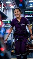 Asian female emergency medical technician in purple uniform smiling while walking through ambulance interior with illuminated control panels and equipment, suitable for healthcare, emergency services, and medical professional content.