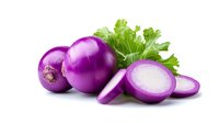 Fresh purple onions with green parsley leaves on white background, whole and sliced showing white flesh interior, isolated food composition for cooking designs.