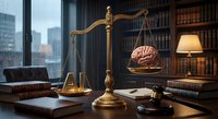 Golden scales of justice with human brain on one side in elegant law office with leather books, gavel and city view. Legal ethics and decision making concept.