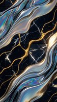 Luxurious abstract marble texture with flowing iridescent waves and golden veins on black background for premium design projects.