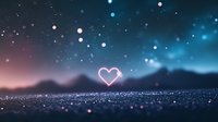 Glowing heart shape on sparkling surface against dreamy night sky with bokeh lights and mountain silhouette in background.