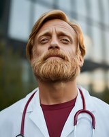 Confident male doctor with ginger beard wearing white coat and burgundy scrubs looks up thoughtfully. Professional medical portrait with stethoscope for healthcare concepts.