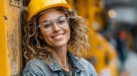 Young mixed-race female construction worker with curly hair wearing yellow hard hat and safety glasses smiling at camera on industrial job site.
