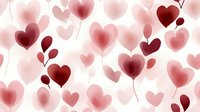 Romantic heart-shaped balloons in shades of red and pink floating on white background, creating dreamy Valentine's Day pattern for cards, wrapping paper and festive designs.