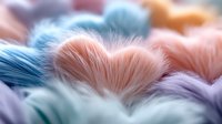 Soft fluffy feathers in pastel colors create dreamy abstract background with gentle blue, peach, and lavender tones. Macro photography shows delicate texture details.