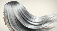 Young woman with long, flowing silver-gray hair in profile against neutral background. Suitable for beauty, haircare, and wellness marketing materials.