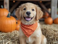Smiling Golden Retriever puppy wearing orange polka dot bandana sits among hay bales and pumpkins in rustic autumn setting, capturing seasonal charm and warmth.
