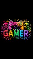 Colorful rainbow gaming design with retro gamepad, skulls and gamer text on black background, decorated with gaming elements and splatter effects.