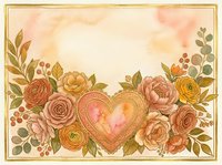 Watercolor floral frame with golden heart center, roses and leaves border on textured paper background for romantic wedding invitations and love cards.