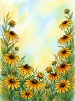 Watercolor wildflower border with yellow daisies and green stems on soft pastel background. Natural botanical frame for greeting cards and invitations.