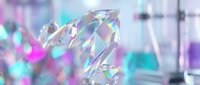Crystal clear diamond with rainbow reflections in laboratory setting with colorful bokeh lights and scientific glassware background for luxury jewelry concepts.