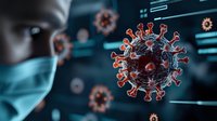 Medical professional in protective mask examining virus cell structure on digital screen display. Scientific research and analysis of viral pathogen.