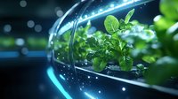 Fresh basil plant growing in futuristic glowing environment with water drops and light effects, green leaves against dark background with bokeh lights.