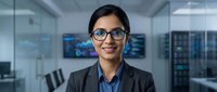 Professional South Asian businesswoman with glasses smiling confidently in modern office environment with computer servers and technology background.