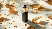 Black cosmetic dropper bottle surrounded by golden leaves and glitter on white background with natural shadows in luxury minimal style for skincare product.