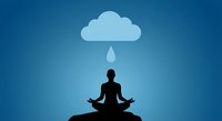 Person meditating under rain cloud with water drop on blue gradient background symbolizing mindfulness and inner peace.