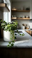 Potted trailing ivy plant in white ceramic pot on marble kitchen countertop with wooden open shelving, modern minimalist interior design for home decor and lifestyle.