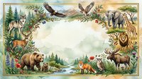 Wildlife nature frame with forest animals including bear, deer, eagle, lion, elephant and fox creating decorative border for outdoor adventure themes.
