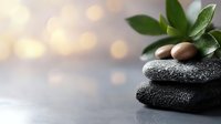 Zen spa composition with stacked stones, green leaves and soft bokeh background for wellness, meditation, and relaxation concepts.