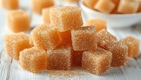 Sweet orange gummy candy cubes coated in crystalline sugar on white wooden surface, macro food photography showing texture and sparkle detail.