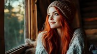 Young woman with vibrant red hair wearing knit beanie and sweater gazes thoughtfully through window during golden hour, warm autumn mood creates cozy atmospheric portrait.