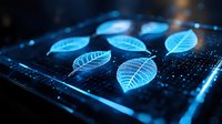 Glowing blue digital leaf structures on dark background with particle effects, showcasing futuristic biotechnology concept for science presentations.