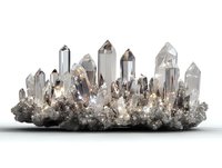 Clear quartz crystal cluster with multiple pointed formations and prismatic structures on white background, isolated for mineral collectors.