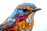 Colorful mosaic bird artwork featuring vibrant stained glass pattern in blue, orange, and purple tones against white background, showcasing detailed geometric shapes.