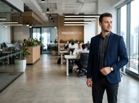 Caucasian male professional in navy blazer standing in modern office corridor with colleagues working at desks, plants, and glass partitions visible in background. Suitable for corporate, business, and workplace concepts.
