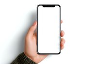 Female hand holding modern smartphone with blank white screen against white background, perfect for app or website mockup presentation.