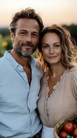 Mature Caucasian couple smiling at sunset, man with gray beard in blue linen shirt, woman in pink blouse, natural outdoor lighting creates warm romantic atmosphere.