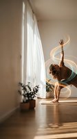 Young woman practicing yoga with flowing light trails in bright modern home interior with plants and natural sunlight streaming through white curtains.